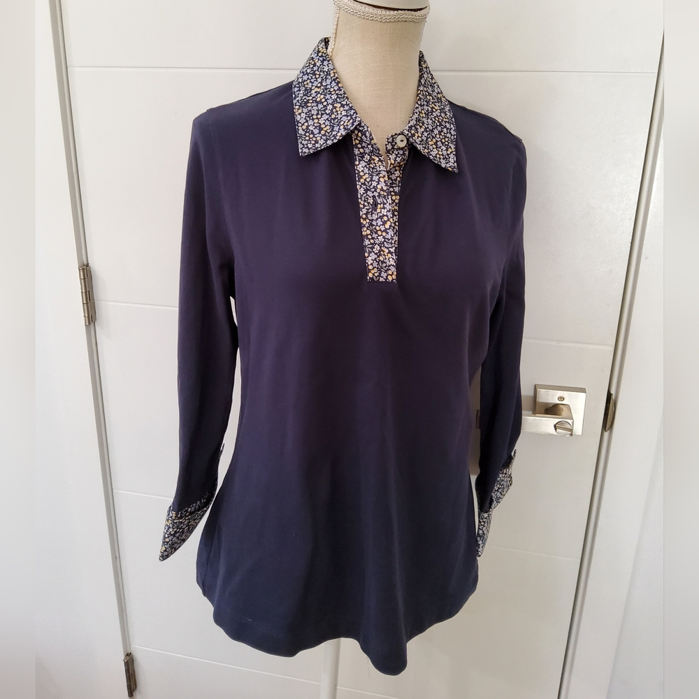 Navy Blue Women's Top with Floral Accents